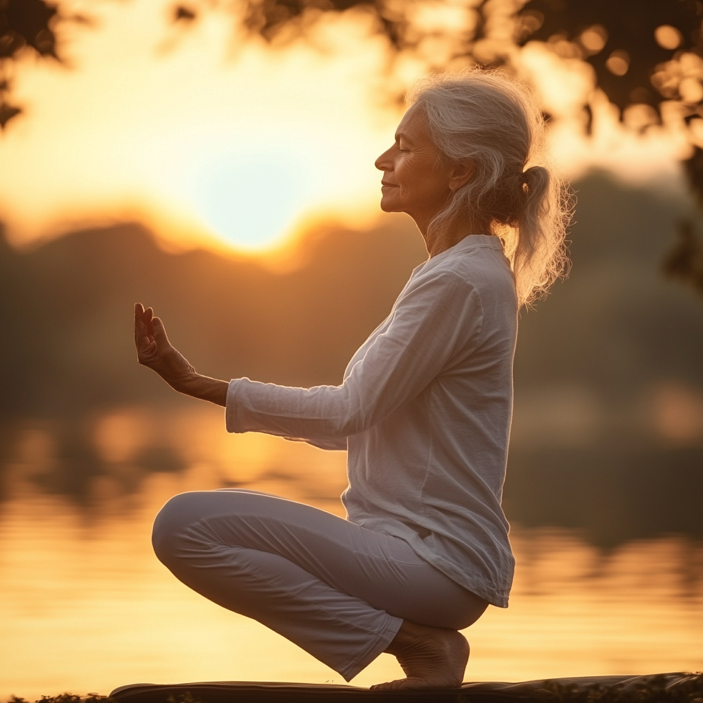 Жінка виконує асану йоги на заході сонця, демонструючи гармонію та баланс